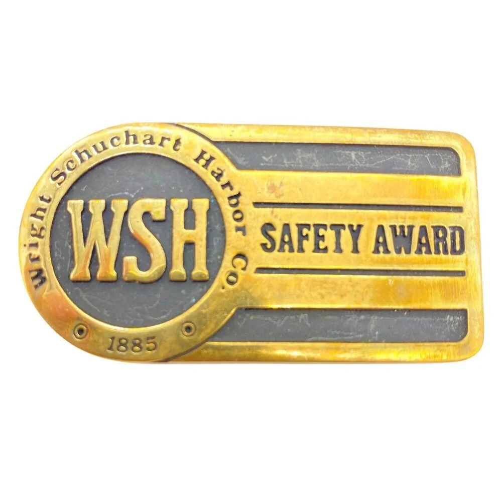 VTG‎ Wright Schuehart Harbor Co WSH Safety Award brass belt buckle